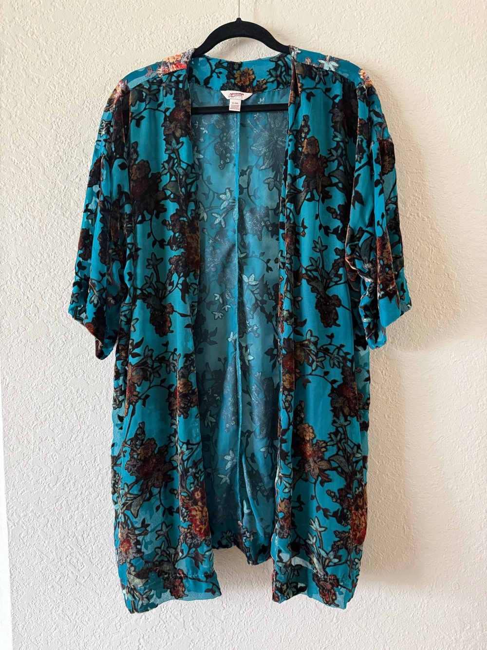 Arizona Jeans Co Dark Floral Velvet Open Kimono Cover-Up Cardigan XL/XXL Teal
